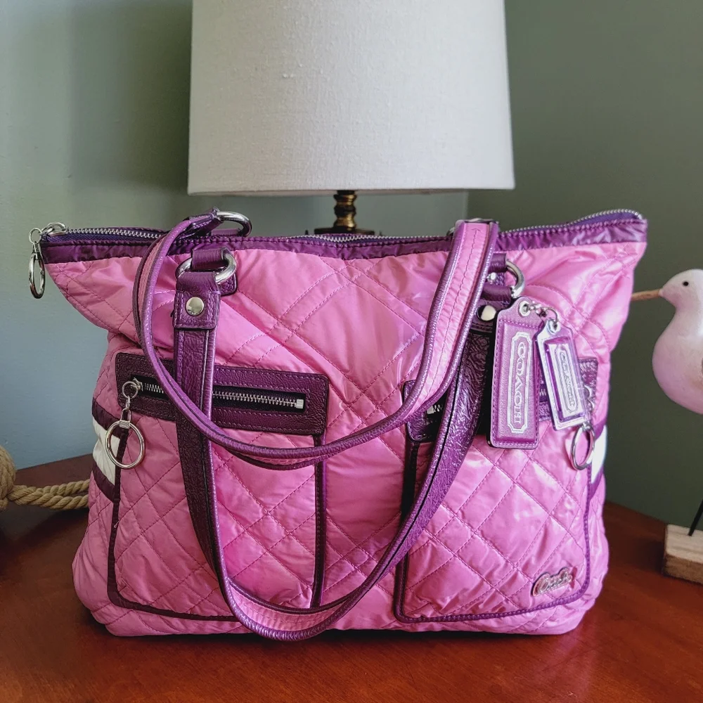 Coach 15873 Poppy Ski Bunny Glam Tote Pink Quilted Nylon Patent Leather